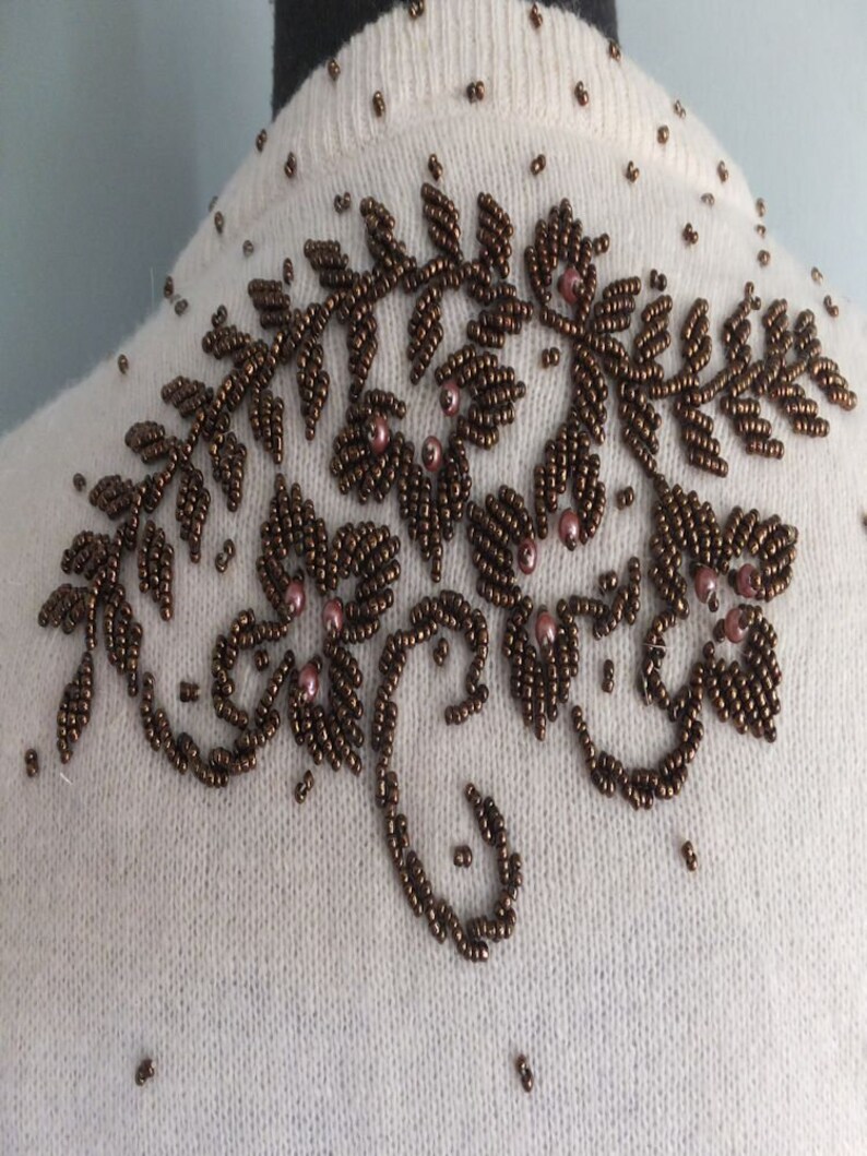 Vintage Beaded Sweater Holiday Bronze Beads Creamy White Wool Sweater Elegant Evening Wear Cocktail