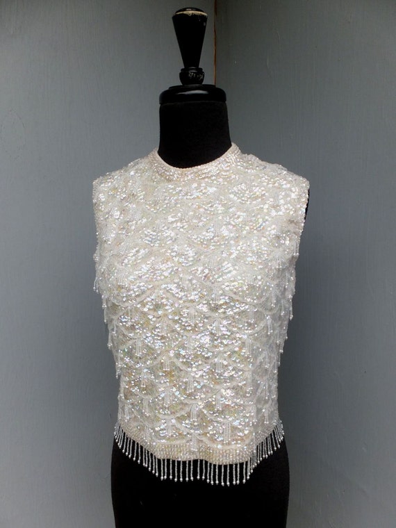 1950s/60s Creamy White Pearl Hand Beaded and Sequ… - image 7