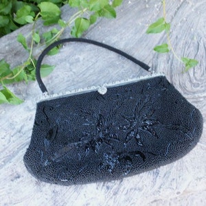 Vintage Beaded  Evening Bag / Cocktail Bag, Prom Bag / Black Beaded Bag