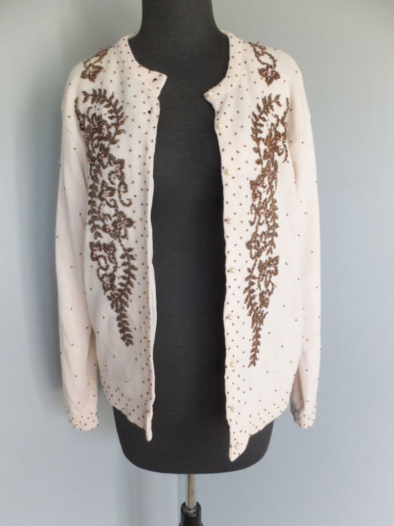 Vintage Beaded Sweater Holiday Bronze Beads Creamy White Wool Sweater Elegant Evening Wear Cocktail