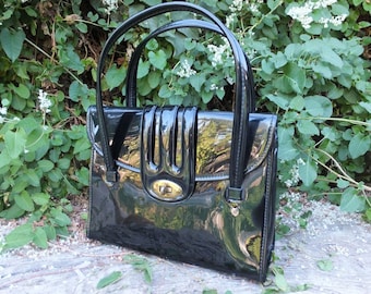 Bolso de mano vintage de los años 60/70, de vinilo charol negro, bolso de mano para mujer, bolso con asa superior.