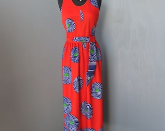 1970s Halter Dress, Carole King, Red and Blue Maxi Dress, Graphic Leaf Print, Hawaiian Print Long Dress, Summer Fashion