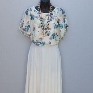 1970s Day Dress, Career, Secretary, Two Tone, Polyester Knit Dress, Blue and White floral, Size 10