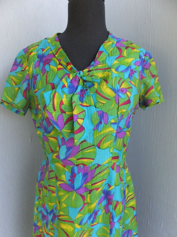 Vintage 80s Dress, Green and Purple Floral Dress,… - image 2