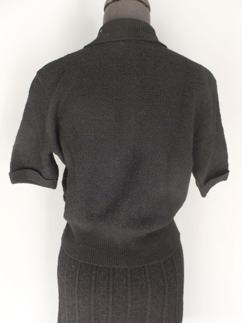 Vintage 1940s Toby Berman Wool Knit Two Pc Black Twinset Skirt and Sweater Set Skirt and Blouse Set Medium