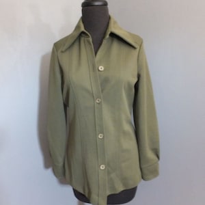 Vintage 1970s, Blouse, Mr. Dino New York, Olive Green Poly Knit Blouse/Jacket,   Bust 38, Medium