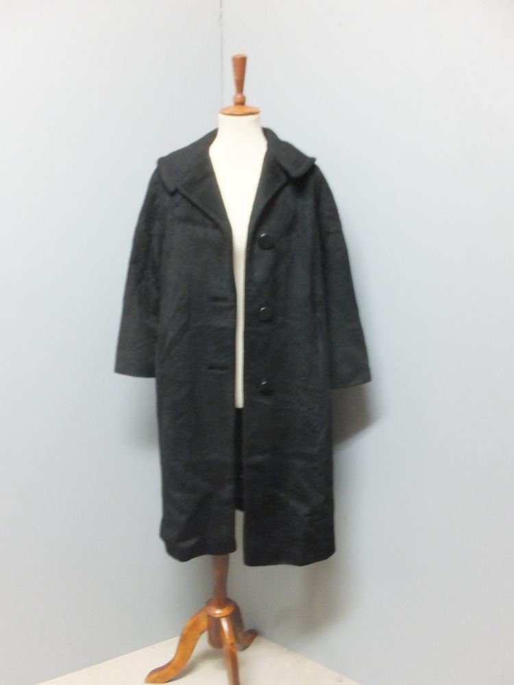 Vintage 1950s/60s Coat, Hockanum Fabric, Classic Black Full Length