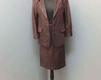 1980s Women's Brown Leather Suit  Professional Two Pc. Suit  Medium