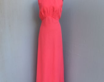 Vintage EMMA DOMB  1970s Gown, BRIGHT Pink Chiffon Emma Domb of California Maxi Dress, Empire Waist, Sleeveless, Ex Large