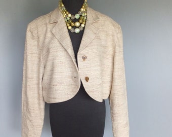 Vintage 1980s Ladies Cropped Raw Silk Jacket, Cream w/Brown,  Jacket,  XL