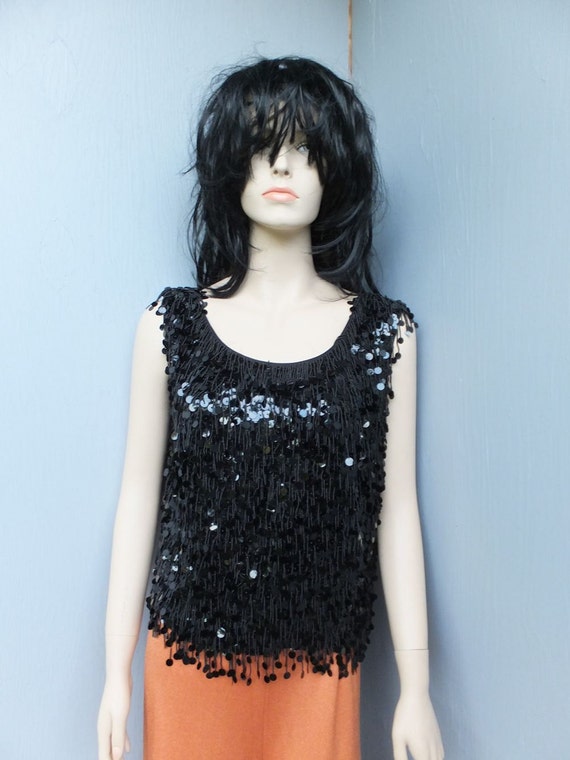 1960s Shell, BLACK Beaded and Sequin Shell, Sleev… - image 3