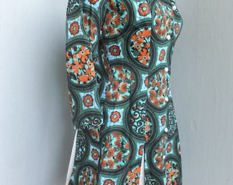 robe vintage des années 1970, robe courte, robe de style tunique florale verte, taille 5