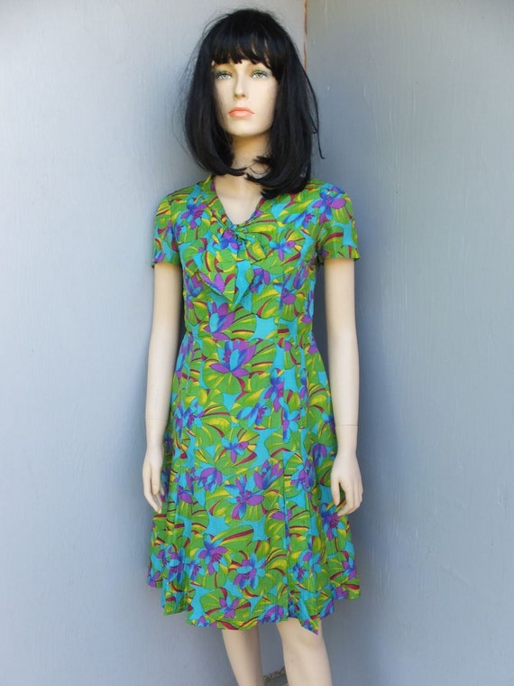 Vintage 80s Dress, Green and Purple Floral Dress,… - image 3