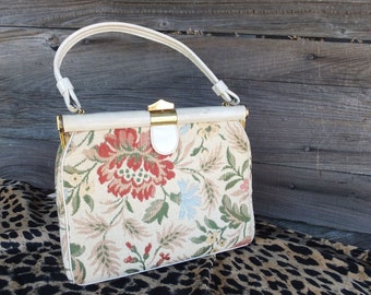 1950s/60s Handbag, Ladies Top Handle Purse, Tapestry, White with Floral Needlework, by LA FRANCE