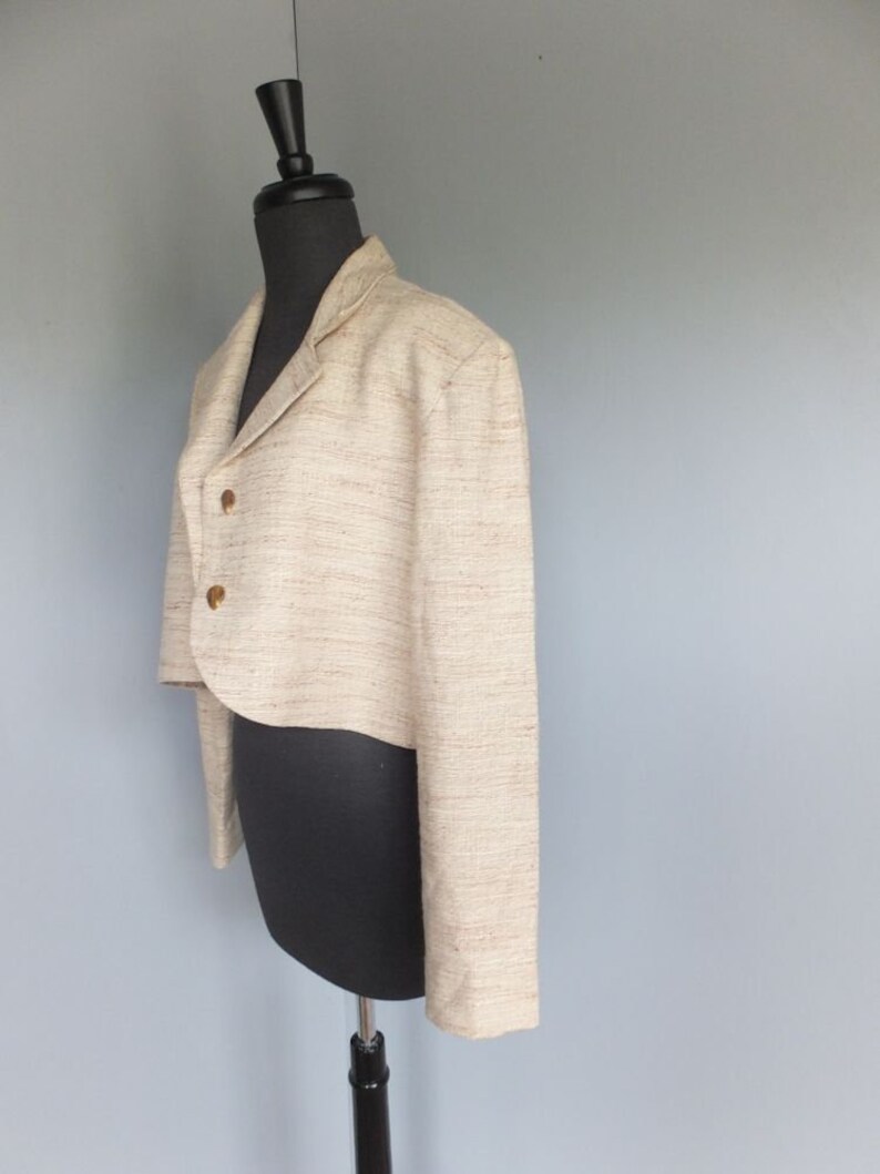 Vintage 1980s Jacket XL Raw Silk Jacket Cream wBrown Cropped Jacket
