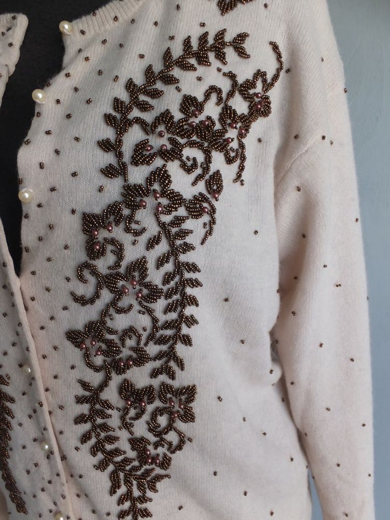 Vintage Beaded Sweater Holiday Bronze Beads Creamy White Wool Sweater Elegant Evening Wear Cocktail