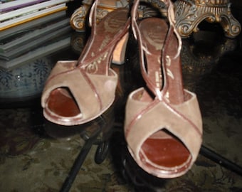Vintage Heels by Amano, Peeptoe Heels, Suede Slingbacks, High Heels, Leather Soles, Chunky Heel, Sandals