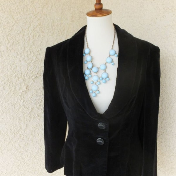 Vintage Black Velvet/Velour Fitted w/Deep V Neck Jacket, Custom Made Luxurious Women's Gift, Bust 36 size M