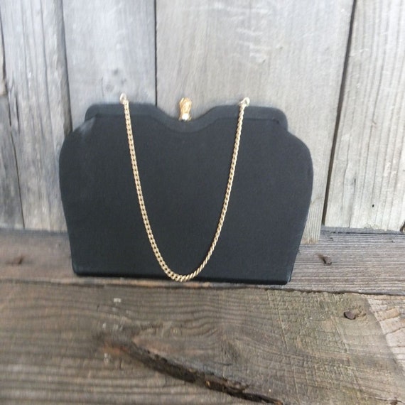 Vintage Black Evening Bag, Unique Shape, Fabric E… - image 1