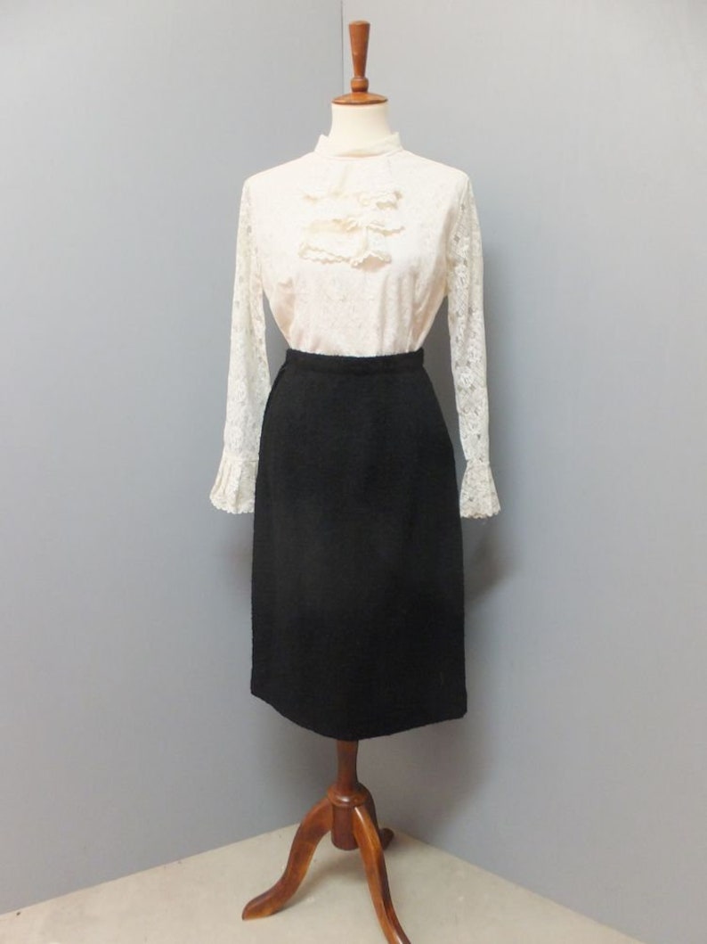 1960s Pencil Skirt, Black Nubby Wool Pencil Skirt, Wiggle, Secretary Academia Career Skirt, Waist 26 image 2