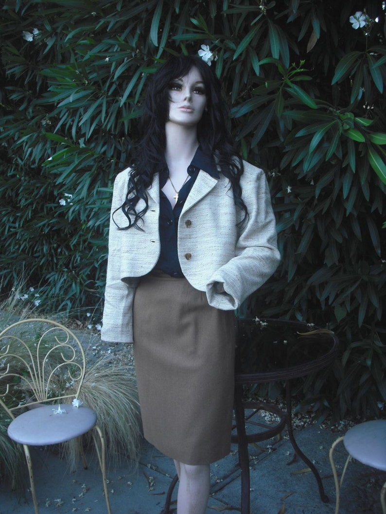 Vintage 1980s Jacket XL Raw Silk Jacket Cream wBrown Cropped Jacket