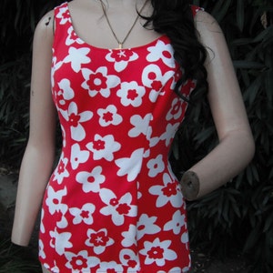Vintage 1950s/60s Swimwear,  Red and White Floral Swimsuit,  Pin Up Bathing Suit,  36