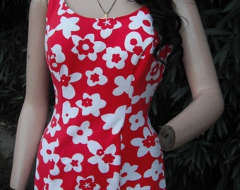 Vintage 1950s/60s Swimwear,  Red and White Floral Swimsuit,  Pin Up Bathing Suit,  36