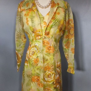 Vintage Maxi, 1970s Yellow Floral Chiffon Maxi Dress w/Matching Coat, 2 pc Set, Long Flowing Dress, SIZE LARGE