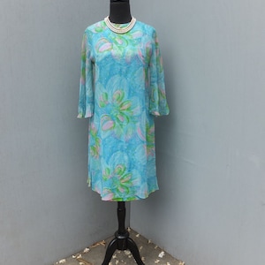 Vintage 1960s Dress, Lorie Deb,  Chiffon, Size 11, Floaty Blue, Pink and Green Chiffon Dress