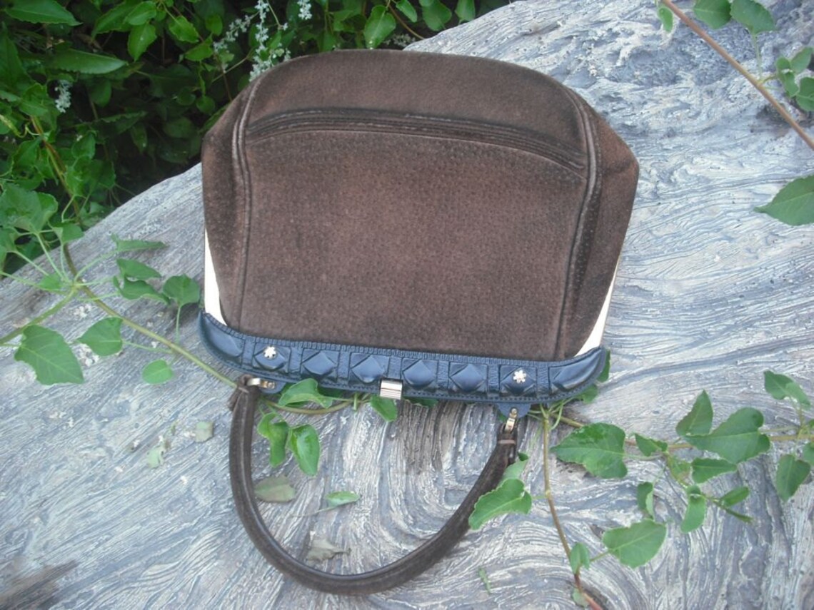 Vintage 1960s/70s  Chocolate Brown Leather/Suede Purse,  Small Leather Handbag,  BOHO, Top Handle, foto 1 di 5