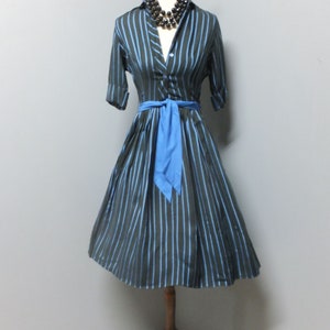 Vintage 1950s Fit and Flare, New Look, Circle Skirt, Party Dress, Black w/Blue Vertical Stripes
