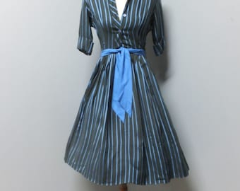 Vintage 1950s Fit and Flare, New Look, Circle Skirt, Party Dress, Black w/Blue Vertical Stripes