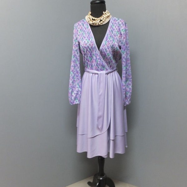 1970s/80s Day Dress, Cora's Closet, Light Purple w/floral bodice,  School or Secretary, size Petite