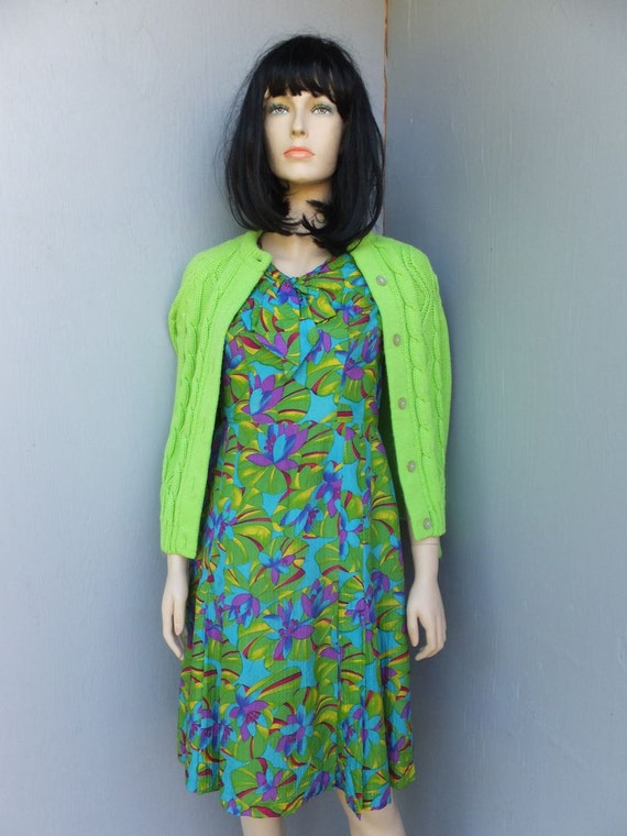 Vintage 80s Dress, Green and Purple Floral Dress,… - image 1