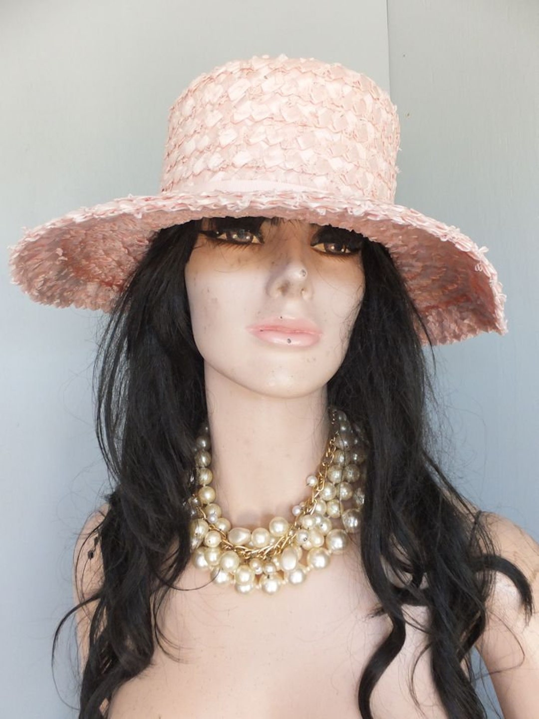 Vintage Summer Straw Hat, Pink Raffia, Wide Brim Sun Hat, Church