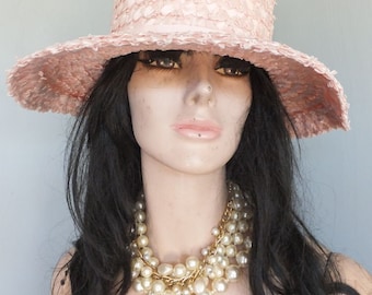 Sombrero de paja vintage de verano, rafia rosa, sombrero de sol de ala ancha, sombrero para iglesia, traje de boda, talla 22