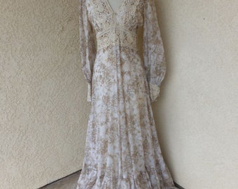 1970s Gunne Sax by Jessica Maxi Dress, Boho, Victorian, Romantic Prairie Style,  Brown and Ivory Floral Long Dress,,  bust 34, size small