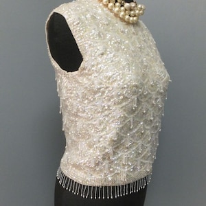 1950s/60s Creamy White Pearl Hand Beaded and Sequin Wool Shell Viva Las Vegas Sleeveless Top 34 or 86cm