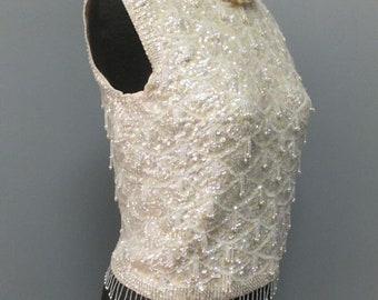 1950s/60s Creamy White Pearl Hand Beaded and Sequin Wool Shell Viva Las Vegas Sleeveless Top 34 or 86cm