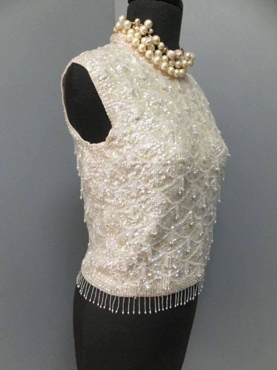 1950s/60s Creamy White Pearl Hand Beaded and Sequ… - image 1
