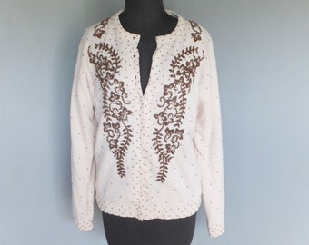 Vintage Beaded Sweater, Creamy White Wool Sweater, Bronze Beads, Holiday, Cocktail, Elegant Evening Wear