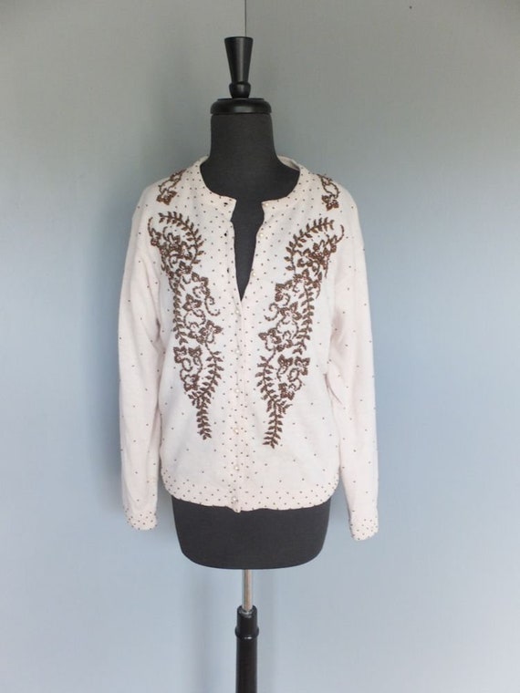 Vintage Beaded Sweater Holiday Bronze Beads Creamy White Wool Sweater Elegant Evening Wear Cocktail