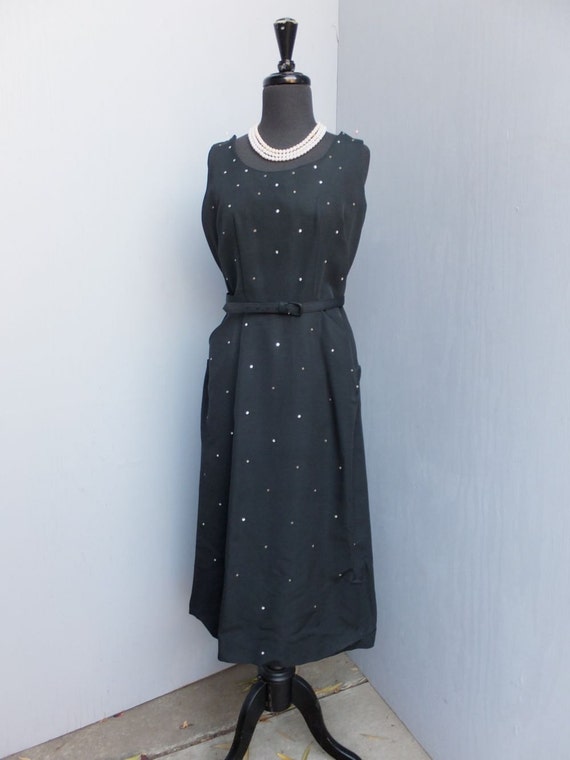 evening 1940s cocktail dress Vintage 1940s/50s Dress, Black Cocktail Dress With Rhinestones, Dinner,  Evening or After Six, Formal, 36 Bust, 28 Waist