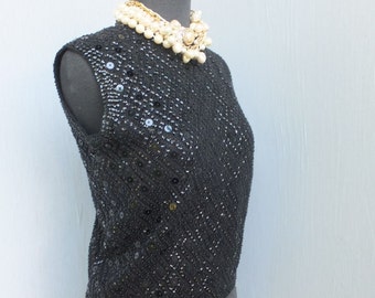 Vintage 1960s Top, Jeri Jo, Beaded Sweater, Shell, BLACK, Cocktail, Holiday, Formal, Holiday Sparkle, Size 36, Party Blouse, Hand Beaded