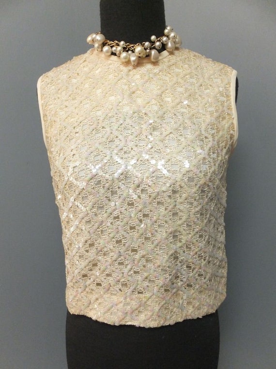 Vintage 1960s Top, Iridescent Sequined Shell, Ivo… - image 2