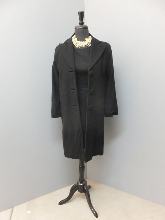 Vintage 40s Black Full Length Wool Coat, Mad Men,