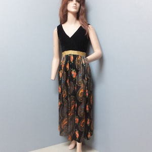 1970s Palazzo Pant Jumpsuit, BOHO, Black Velvet Bodice, Paisly Nylon Pant, Flare Legs, Petite, Small, 34 Bust