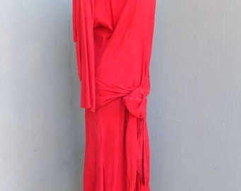 1980s VAKKO Cherry Red Suede Leather Midi/Maxi Dress w/Drop Waist, Padded Shoulders and a Wrap Belt / Medium