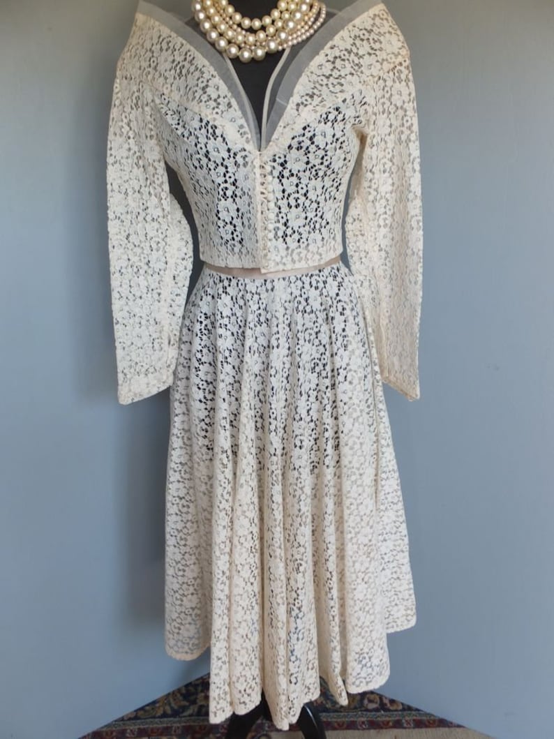 Vintage 1950s Off White Lace Bridal Gown Bust 34 Waist 24 OOAK 2 Pc Bridal Suit wFull Circle Skirt Exquisite