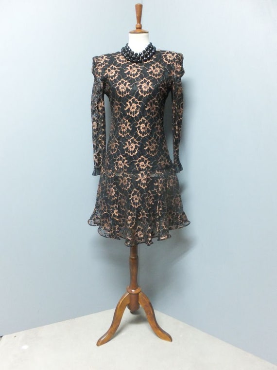 Vintage 1980s Lace Dress, Saks Fifth Avenue, Ricki Lang for Nuit, Black and Gold Lace Dress, Evening or Formal Wear, MEDIUM
